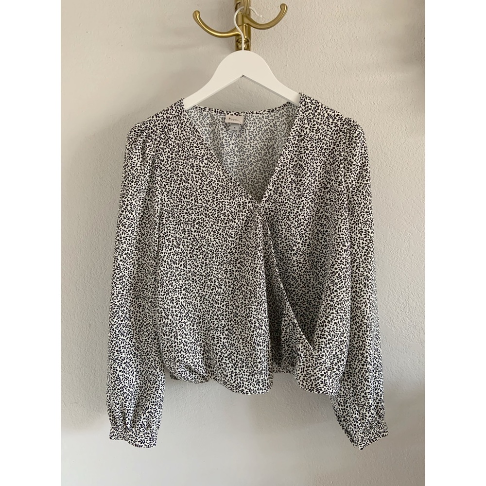 Long Sleeve White & Black Wrap Blouse